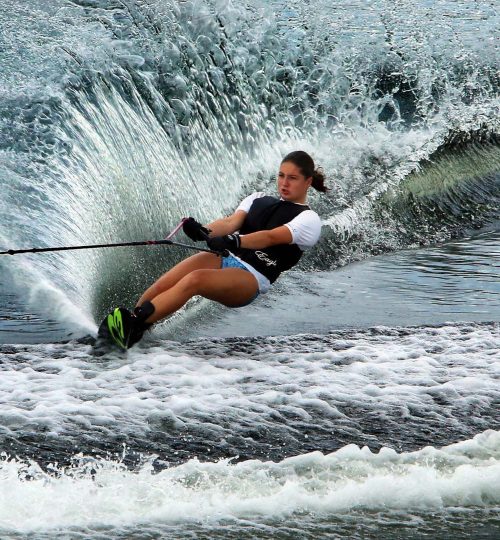 Twelve-year-old Liz Tynan of Columbus, Indiana practices for the 70th GOODE Water Ski National Championships on the slalom course at Okeeheelee Park Monday. The Championships will be held Tuesday through Saturday. (Bruce R. Bennett/The Palm Beach Post)
